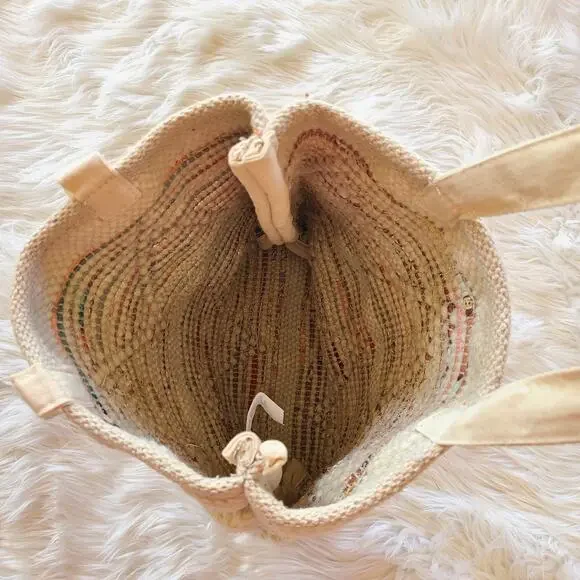 Boho Purse Tote Bag Woven Rainbow Chevron Wool Cotton Cottagecore Cream Beachy - Picture 3 of 4